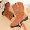 Otoño 2026 Nuevas Botas de Gamuza Retro de Talla Grande Hasta la Pantorrilla con Cruces, Punta Redonda, Tacón de Cuña Fruncido, Caídas Hasta la Pantorrilla para Mujer