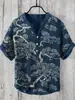Camisa Polo de Hombre con Cuello en V Estampado Digital 3D, Lino de Bambú, 3 Materiales, Botones, Estilo Ukiyo-e Japonés, Transpirable y que Absorbe la Humedad