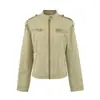 Chaqueta vaquera corta desgastada con cuello mao estilo retro americano para mujer, versión de otoño, hombro normal, corte ajustado, chaqueta de motociclista