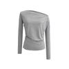 Camiseta feminina retrô francesa com gola única, ombro sexy, manga comprida, design sensual, folgada, plissada, folgada, top sensual, cor sólida