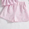 Moda de Verano para Niñas Transfronteriza Conjunto de Dos Piezas Rayado Top de Tirantes con Lazo Dulce Pantalones Cortos Casuales