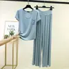 Conjunto de Duas Peças: Camiseta Modal de Gola Redonda com Bolso e Manga Curta + Calça Wide Leg de Cintura Alta com Amarração Novo Conjunto Plus Size