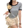 Camiseta de Manga Corta Verano 2024 Trendy Color de Contraste Bolso Lateral Hombro Color Sólido Ajustada Top de Cuello Redondo Corto Estilo Coreano Ropa de Mujer