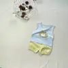 Conjunto de Camiseta sin Mangas Estilo Coreano y Pantalones de Calabaza Verano Camiseta Conjunto de Dos Piezas con Estampado de Gato de Dibujos Animados Moderno y Versátil para Hombres y Mujeres
