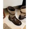 Botas da moda estilo europeu, tecido em retalhos, fivela, cano médio, bico redondo, botas cowboy femininas Outono 2026