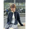 Cárdigan de Punto Retro Azul Marino Universitario con Lunares de un Solo Botón para Mujer, Suéter Superior Suave y Acogedor para Primavera y Otoño, Suéter Exterior Estilo Oficina