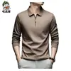 Popular Camisa Polo Cepillada de Media Cremallera Manga Larga para Hombre Cuello Solapa Primavera y Otoño Seda de Morera Tops para Hombres de Mediana Edad Camiseta