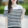 Camiseta de Rayas Verano Nueva Mujer Cuello Redondo Manga Corta Estilo Dulce Camisa Base Corta 100% Algodón Tejida Talla Grande Dropshipping