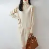 Novo Vestido Longo de Gola Alta 100% Lã Estilo Preguiçoso Outono/Inverno para Mulheres, Caimento Solto, Suéter de Cashmere Acima do Joelho