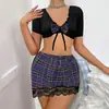 Conjunto de Lencería Sexy de Dos Piezas con Estampado de Cuadros Morados con Ribete de Encaje, Falda Corta con Lazos, Estilo Chica Popular Europea y Americana Transfronterizo