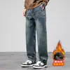 Venta Caliente Jeans para Hombre Estilo Americano Forrados de Felpa Otoño/Invierno Jeans de Pierna Recta Sueltos Pantalones de Moda Pantalones Casuales Versátiles Azul