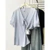 Camisa de verano elegante, versátil y ligera para mujer talla grande 100 kg, con cuello en V y corbata, manga corta 0576