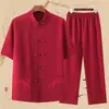 Conjunto de Roupas para Homens de Meia-Idade e Idosos, Traje Tang, Hanfu Masculino de Seda Gelada de Manga Curta, Roupa de Verão para o Pai, Roupa de Estilo Chinês para o Avô, Roupa para Idosos