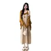 XMF Caramel Melody Cardigan de Tricô Outono Novo + Vestido Listrado Conjunto de Duas Peças para Maternidade Saia Evasê