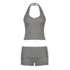 Conjunto deportivo casual de dos piezas para mujer, top sin mangas con cuello halter y shorts, con abdomen al descubierto, rayas blancas y negras, estilo transfronterizo europeo y americano