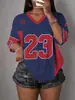 Camiseta feminina solta de manga curta estilo jersey, com blocos de cor em rede estilo retrô americano, top hot girl plus size
