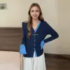 Suéter de Punto de Manga Larga con Cuello en V, Ajustado, Bloques de Color, Estilo Nuevo Primavera y Otoño, Transfronterizo Europeo y Americano para Mujer