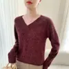 Nuevas Camisetas de Color Puro para Otoño e Invierno con Aspecto Holgado, Cálido y Adelgazante Estilo Perezoso Cuello en V Cachemir Camisetas de Punto para Mujer