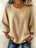 2026 Transfronterizo Amazon Europeo y Americano Verano y Otoño Nueva Ropa de Mujer Color Sólido Cuello Redondo Manga de Tres Cuartos Algodón y Lino Holgado Casual Top