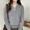 Suéter de punto de lana pura para mujer, nuevo estilo otoño e invierno, cuello redondo, patchwork a rayas, diseño de dos piezas simulado, estilo coreano, versátil