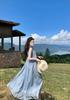 Vestido Azul Francês com Decote V e Alças no Pescoço para Mulheres no Verão, Estilo Fresco de Resort à Beira-Mar, Visual Emagrecedor, Sem Mangas, Longo de Tule