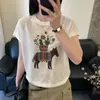 2026 Verão Novo Estilo Coreano Linho Gola Redonda Bordado de Pônei Tricô Solto Manga Curta Camiseta para Mulheres