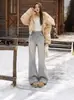 Jeans Acampanados Lavados Vintage Azul Claro para Mujer, Otoño e Invierno, Forrados de Polar, de Cintura Alta, Elásticos, Diseño Adelgazante, Pantalones Bootcut
