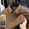 Suéter de Punto Grueso de Dos Piezas con Forro de Felpa para Hombres de Mediana Edad y Mayores, Camiseta Informal de Manga Larga con Cuello de Solapa