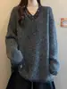 Nuevo Suéter de Punto con Lentejuelas de Longitud Media con Cuello en V Otoño/Invierno 2026 Estilo Coreano Holgado Casual Pulóver para Mujer