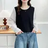 2025 Tallas Grandes Mujer Otoño Nuevo Elegante Casual Encaje Cuello Redondo Falso Dos Piezas Tops para Chicas Gordas 8446