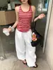 Top Coreano de Verano Ajustado sin Mangas para Mujer, Camisola Rayada Roja Chic de Moda