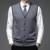 Colete de Lã Outono e Inverno Masculino Meia-Idade Gola V Cardigã Tricotado Pura Caxemira Base Camisa Suéter de Pai