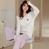 Pijama Doce Fofo Novo de Algodão Puro para Mulheres Roupa de Casa Gola Redonda Manga Longa com Bojo Conjunto de Roupa de Casa Pode Ser Usado Fora