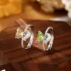 Anillo de Gato Corazón de Citrino Olivino Natural Estilo Suave Plata S925 Acabado Cepillado Anillo Versátil para el Día a Día