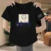 Mismo estilo que en el centro comercial, camiseta de manga corta para mujer, nueva de verano 2024 impresa imitación algodón, hombro normal, top base holgado para pareja