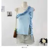 Puro Deseo Chaleco de Punto Delgado con Flor Tridimensional, Cuello Oblicuo, Hombro Descubierto, Verano para Mujer, Hombro Oblicuo Irregular, Abertura