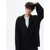 Camisa de Manga Larga con Hebilla Metálica y Parches Falsa de Dos Piezas para Hombre Otoño Talla Grande Moderna Holgada Rebelde Fresca Top Pulóver