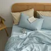 Conjunto de Quatro Peças Liso Colorido 100% Algodão Algodão Lavado Estilo Nórdico Dormitório Estudantil Roupa de Cama 100% Algodão Capa de Edredom Lençol com Elástico