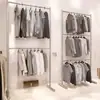 Arara de Exposição para Loja de Roupas Aço Inoxidável Prata de Chão Dupla Camada Ajustável Três Camadas Arara para Pendurar Roupas de Loja Infantil com Rodas