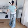 Camiseta de Manga Curta com Ponto Rendado Terno Jeans Wide Leg 2025 Moda para Meninas Estilo Coreano Calças Retas para Crianças de Meia-Idade e Grandes