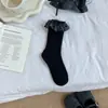 Meias Femininas de Renda Grande para 2025, Comprimento Médio da Panturrilha, Algodão Absorvente de Suor, Respiráveis, Preto e Branco, Cinza, Estilo Japonês, Lolita, Estilo Preppy, para Mulheres