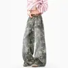 Jeans de trabajo con estampado de estrellas estilo americano para mujer y hombre, pantalones de pierna ancha lavados y desgastados de otoño, pantalones casuales deconstruidos curvos