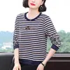 Nova Camiseta Listrada de Manga Longa da Moda de Outono da Mamãe para Mulheres, Camisa Básica Elegante com Strass de Caimento Solto para Meia-Idade e Idosos