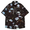 Camisa de Manga Curta Rosa Escuro Preta Rosa com Padrão de Tinta Off-White e Fita com Padrão Escuro Acessório de Moda Camisa Solta com Ombros Caídos para Homens