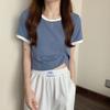 Camiseta de manga corta con diseño súper popular y colores a juego para mujer, estilo coreano de verano, moderna, de nicho, corta, de cintura alta, con el ombligo al descubierto.