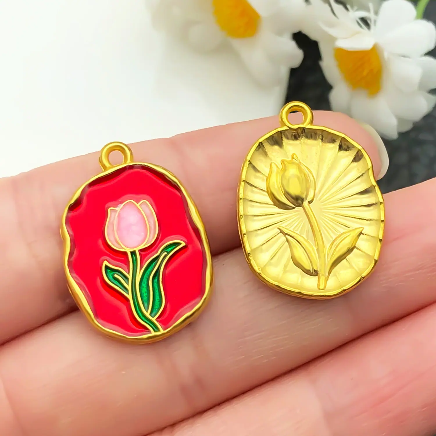 22196-HL-红色滴油锌合金玫瑰花吊坠22x16mm-1