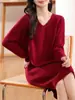 Nuevo Vestido de Moda con Cuello en V para Mujer Vestido Base de Punto Holgado Estilo Occidental de Longitud Media para Mujer talla grande