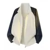 Chaqueta de cremallera con cuello alto de patchwork bicolor para hombre, abrigo deportivo casual con diseño a rayas, efecto de dos piezas, corte holgado