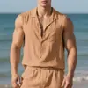 Cardigan de Linho Masculino Verão Novo Solto Simples Casual Sem Mangas com Lapela Moda Europeia e Americana Transfronteiriça Camisa de Praia