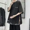Camiseta Masculina de Manga Curta com Flor de Caju Verão 2022 Hip-hop Falso Duas Peças Top Roupas Marca Tendência Solta Rasgada Bonito Cinco Peças Camiseta
